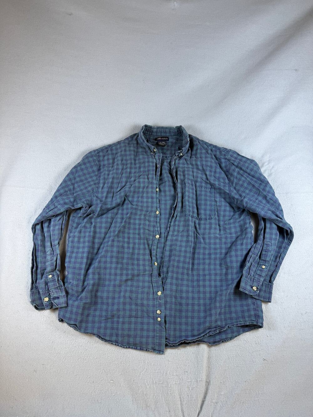 Faded Glory Shirt Mens L Blue Green Long Sleeve Button Up Plaid Classic Outdoor